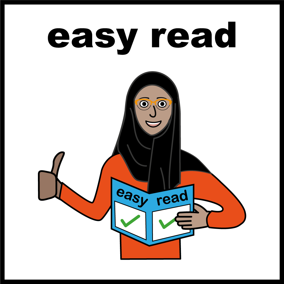 A woman in a hijab and wearing glasses is smiling with her thumbs up. She is holding a book that says 'easy read' and has green check marks on it. Text says 'easy read'.