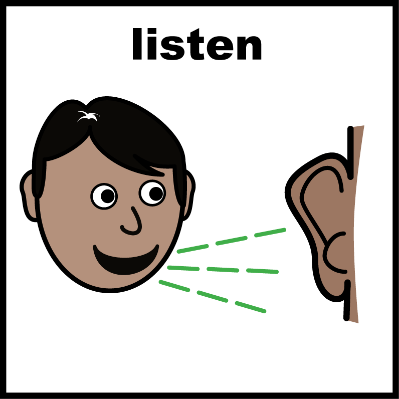 A man is talking into an ear. Text says 'listen'.