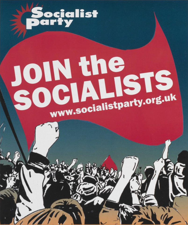 A poster that has a blue background and a red flag that says 'join the Socialists!'