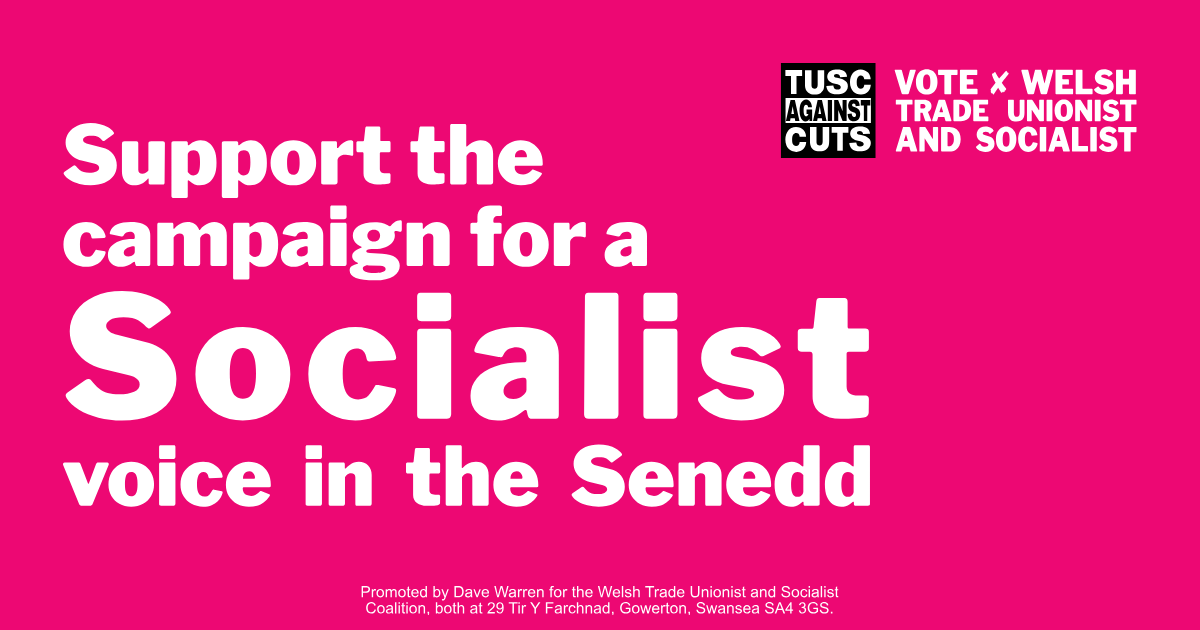 Text in white, on a pink background, that says 'Support the campaign for a Socialist voice in the Senedd', with the TUSC Against Cuts logo.