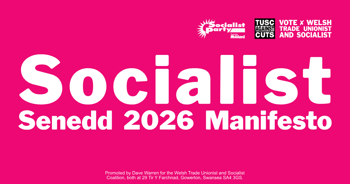In white text, on a pink background, the words: Socialist. Senedd 2026 Manifesto.