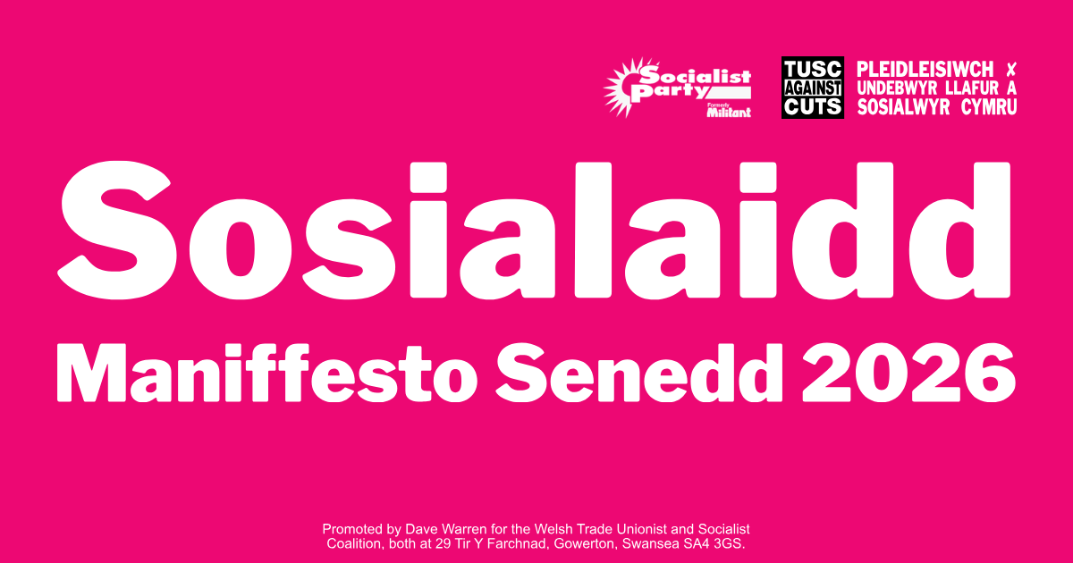 In white text, on a pink background, the words: Socialist. Senedd 2026 Manifesto.